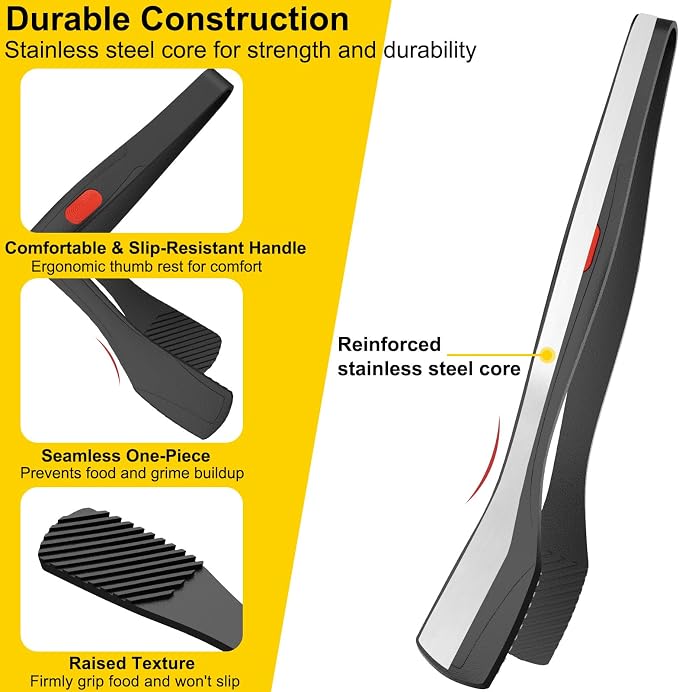 Beijiyi Silicone Kitchen Tongs for Cooking, 9" & 12", Heat Resistant, Black | BPA-Free Silicone Tip, Non-Stick Safe, Stainless Steel Core, Food Tongs for Cooking, Serving and Grilling, Dishwasher Safe