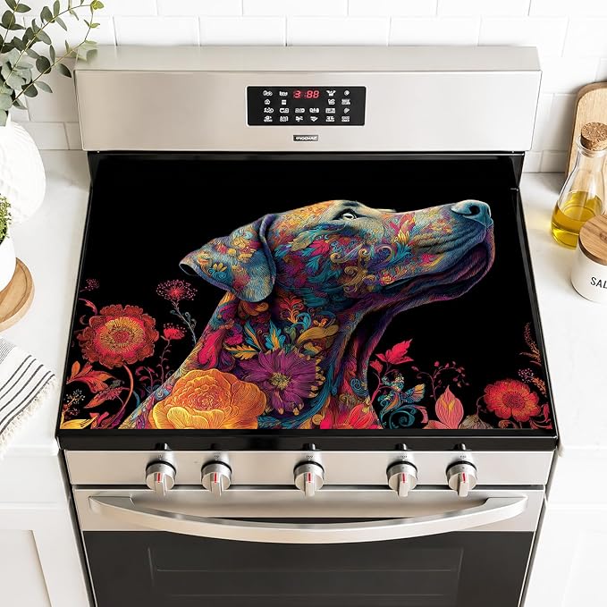 Colorful Dog Stove Top Cover 28.35x20.47 in Non Slip Mat | Heat Resistant Cooktop Protector Mat with Non-Slip Backing, Scratch Protection and Countertop Drying Mat.