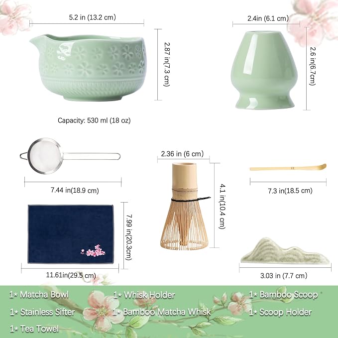 Buucup Matcha Whisk Set, Ceramic Matcha Kit with Bowl & Bamboo Tools | 7-piece set includes ceramic bowl, bamboo whisk, scoop, holder, rest, sifter and tea towel for home matcha making.