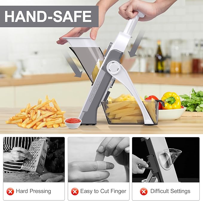 Safe Mandoline Slicer for Kitchen, Vegetable & Food Cutter (Only Slice) | Thickness Adjustable 0.1-8 mm, Potato Slicer for Chips, Easy to Clean, Kitchen Faster Slice, Dishwasher-safe (Light Grey)