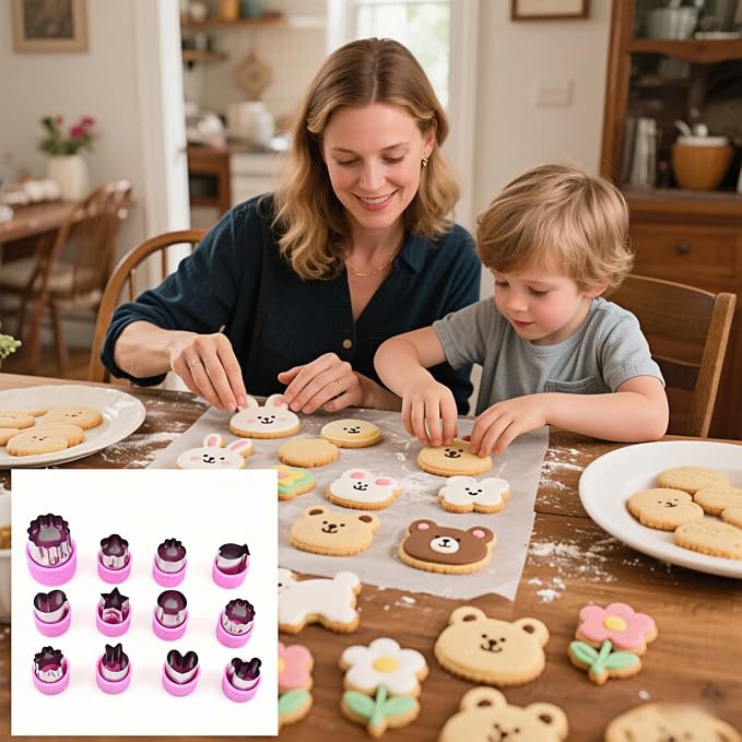 12-Piece Cookie Cutters Set-Stainless Steel&BPA-Free Shapes for Baking (Bear,Rabbit,Star,Flower) DIY Cookies,Mini Pies,Fondant,Veggies|Dishwasher Safe,Gift for & teenager Parents (12, Purple)