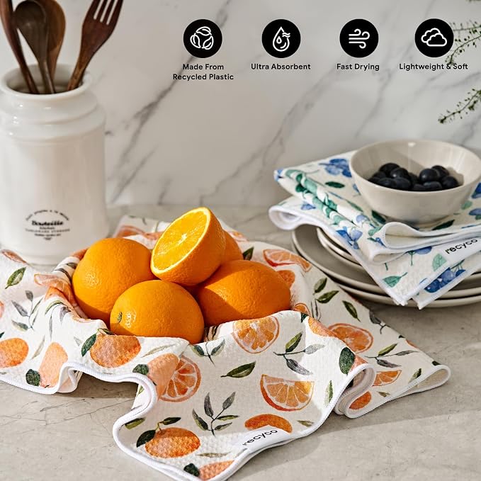 RECYCO Waffle Kitchen Towel Set of 2 - Quick Dry Microfiber Sustainable Dish Towels - Ultra Absorbent Reusable Cleaning Tea Towels - Lightweight Hand Towels,16”x 28”, Fruitful Foliage & Vine
