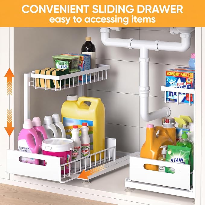 2-Pack L-Shaped Under Sink Organizer, 2-Tier Pull-out Cabinet Rack | White Height-Adjustable Steel Rack, Sliding Grid Drawers with PP Liners, Holds 100 Lbs, Suction Base, Ideal Kitchen Storage