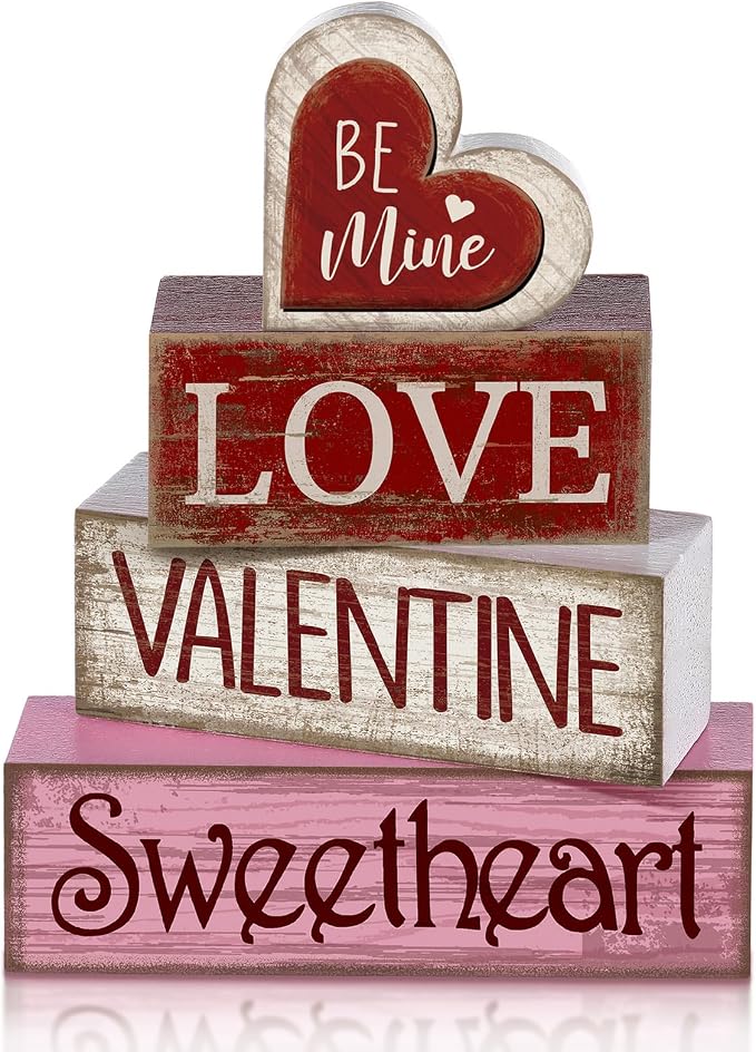 Lineshading 4 Pcs Wooden Valentine Block Signs Tiered Tray Decor