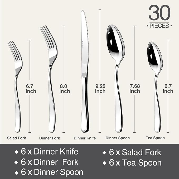 18/10 Silverware Set for 6, 30 Piece Stainless Steel Flatware Cutlery Set | Mirror Polished knives Forks and Spoons Utensils Heavy Silverware Sets,Dishwasher Safe for Dinner Home Kitchen,Wedding Party