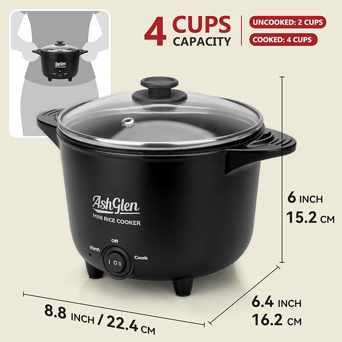 AshGlen Small Rice Cooker 2-Cup uncooked/ 4-Cup Cooked, Mini Hot Pot Electric, Mini Electric Pot, Ceramic Rice Cooker, Small Rice Steamer, Noodle & Oatmeal Cooker, Dual Modes, Single Serve, Graphite