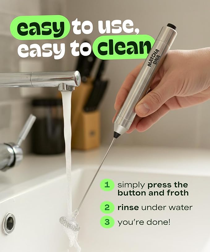 Matcha DNA Handheld Milk Frother Wand, Electric Stainless Steel Whisk Mixer | Stainless Steel Whisk, Lightweight Battery-Operated Design, Mixes Coffee, Matcha Lattes, Protein Shakes & Other Drinks