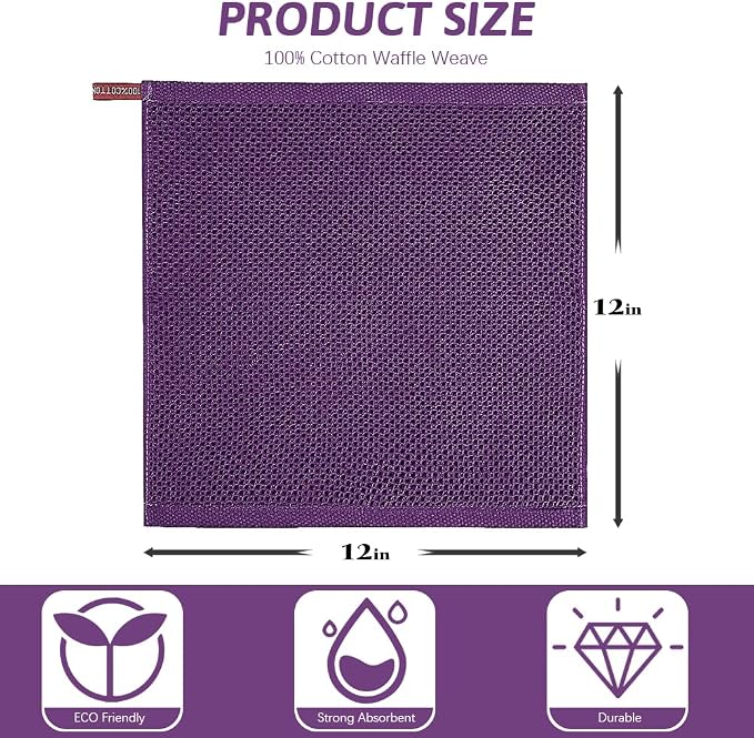 Nialnant 100% Cotton Dish Cloths for Washing Dishes, 4 Pack Waffle Weave Dish Towels,Super Soft Absorbent Cleaning Rags-Purple,12x12 Inch