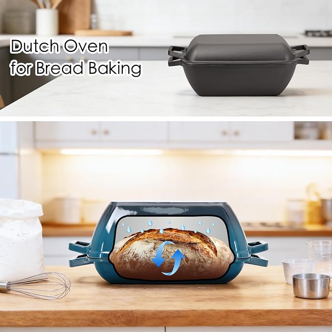 Flavehc Oval Cast Iron Dutch Oven for Bread Baking 12x8 Inch Enameled Bread Pan with Lid 6QT Cast Iron Bread Dutch Oven for Sourdough，Green