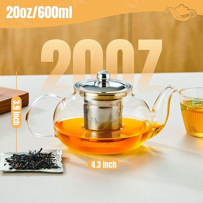 Baalaka Tea Pot with Infuser for Loose Tea, 20 oz Glass Stovetop Kettle | Clear borosilicate body with removable stainless steel strainer works as a tea maker and brewer for blooming or loose leaf