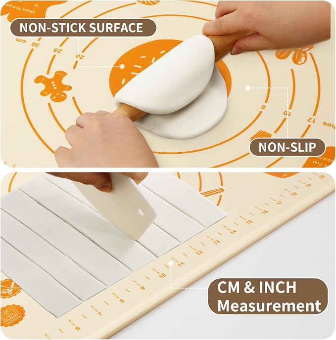 DANIA & DEAN 26"x16" 1.1mm Ultra-Thick Baking-Themed Silicone Pastry Mat | Non-Slip & Non-Stick Mat with 4.5mm Raised Edges & Measurements, Anti-Spill for Dough, Bread, Cookies & Pizza Counter Sheet
