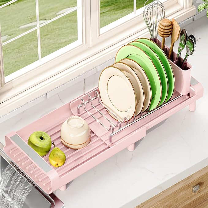 TOOLF Small Dish Drying Rack, Expandable and Space-Saving, Pink | Mini Dish racks for kitchen counter, Compact Design Fits Sink or Counter, Stainless Steel Plate Rack, 11"-19.3"L×7.7"W×3.54"H