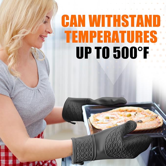 Silicone Oven Mitts, Heat Resistant 2PCS Oven Mitts with Soft Cotton Lining, Waterproof Non-Slip Grip Oven Glove, Kitchen Potholder Mits for BBQ, Baking, Cooking, 12.5 Inch - Black