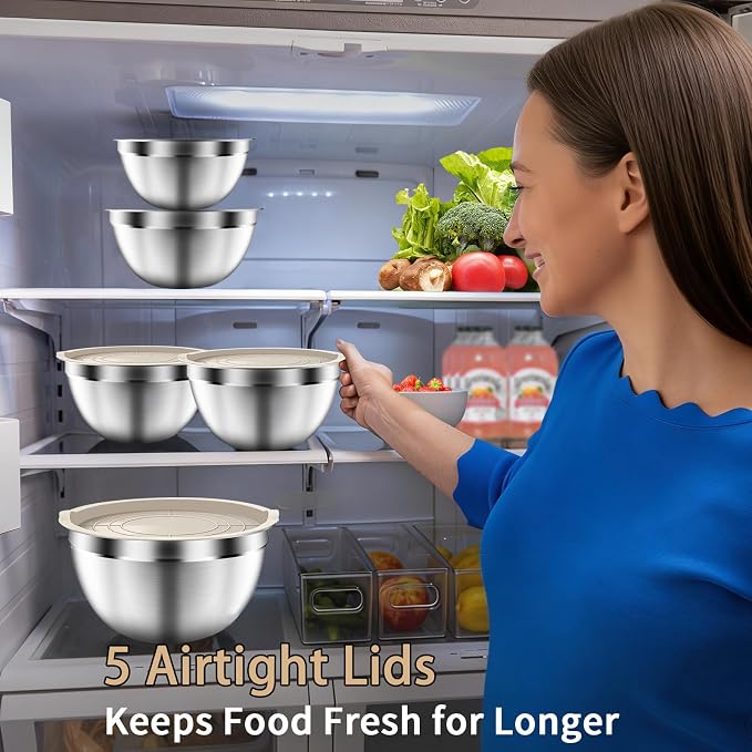 Mixing Bowls with Airtight Lids Set, 5 PCS Stainless Steel Khaki | Nesting Storage Bowls for Kitchen, Large Prep Metal Bowl , 5.5/4/3.5/2/1.5 QT for Mixing, Serving & Backing, Dishwasher Safe