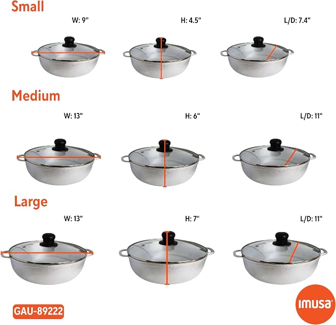 IMUSA 1.5, 2.5 & 5.2 Qt Cast Aluminum Caldero 3 Piece Set with Glass Lid | Polished Finish, Glass Lid with Riveted Handles, Ideal for Rice and Stews, Perfect for Serving Medium and Small Groups