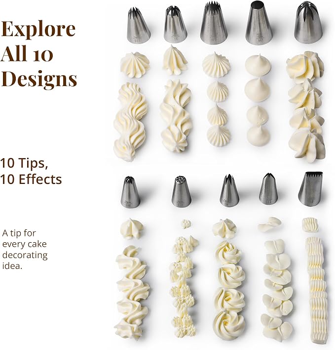 Cake Decorating Icing Piping Tip Set, 10 X-large Decorating Tips Stainless Steel Plus 20 Disposable Pastry Bags