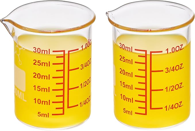 High Borosilicate Glass Measuring Cup-V-Shaped Spout，Glass Measuring Beaker for Kitchen or Restaurant, Easy to Read, 30 ML (1 Oz)-Pack of 2