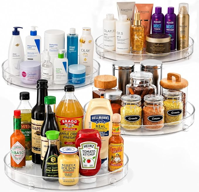 Oizeir Clear Lazy Susan Turntable Organizer (Pack of 4) 9 Inch Acrylic Rotating Storage for Cabinet, Pantry, Fridge, Bathroom, and Vanity Countertops