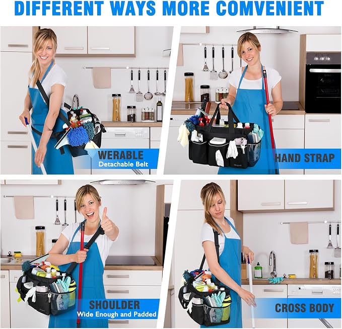 Extra Large Cleaning Caddy Bag with 4 Foldable Dividers, Wearable Cleaning Caddy Organizer with Handle & Shoulder Strap & Waist Strap, Housekeeping Tote for Cleaners, Black