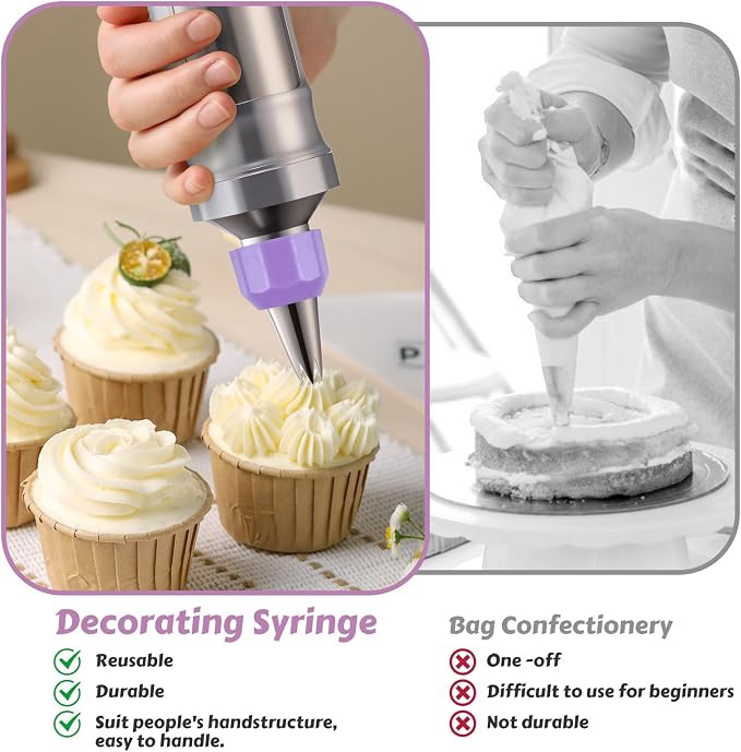 Dessert Decorating Syringe Set, Stainless Steel Frosting & Icing Piping Kit with 6 Tips and 9 Silicone Cupcakes,3 Cream Scraper for Cake Decorating Tools Cupcake Decorating Kit (Purple)