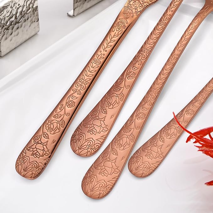 Vintage Flatware Copper/Rose Gold Floral Silverware 30 Piece Stainless Steel Set for 6 Cutlery Utensils Unique Embossed Pattern Design Elegant Home Kitchen Restaurant Festival Parties