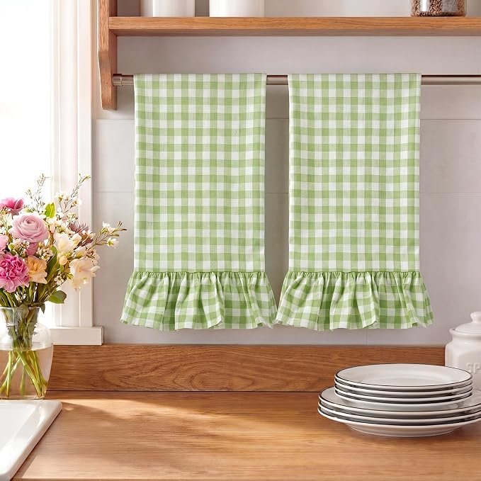 HunnmingRe 2 Pcs Mint Green Gingham Kitchen Towels Cotton Ruffled | Checked Dish Towels 18"x28" Tea Cloths Plaid Cottage Core Kitchen Decor for Farmhouse Charm Drying Dishes Entertaining Guests