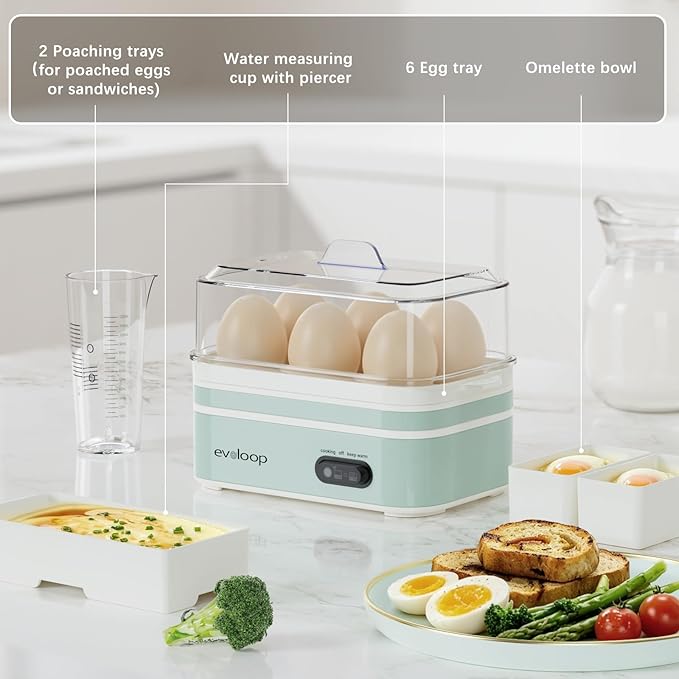 Evoloop Rapid Egg Cooker Electric 6 Eggs Capacity, Soft, Medium, Hard Boiled, Poacher, Omelet Maker Egg Poacher With Auto Shut-Off, BPA Free (Retro Green)
