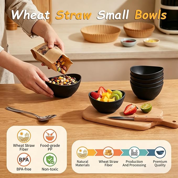 10oz Small Bowls, Unbreakable Wheat Straw Bowls Set of 6, Mini Bowl for Breakfast, Snack, Dessert, Salsa, Microwave Safe Plastic Bowls for Party, Camping, Picnic - Black