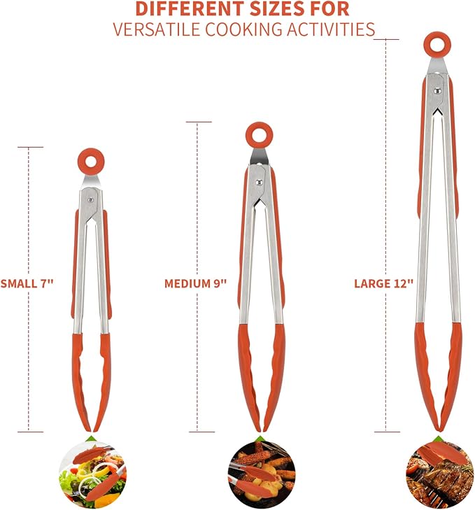 U-Taste Kitchen Tongs for Cooking, 600ºF Heat-Resistant Tps, 3Pcs/Orange | Silicone Tong Set 7/9/12in, Salad/Grill/BBQ Plastic Tongs for Food Serving, Rubber Thong with 18/8 Stainless Steel Handle