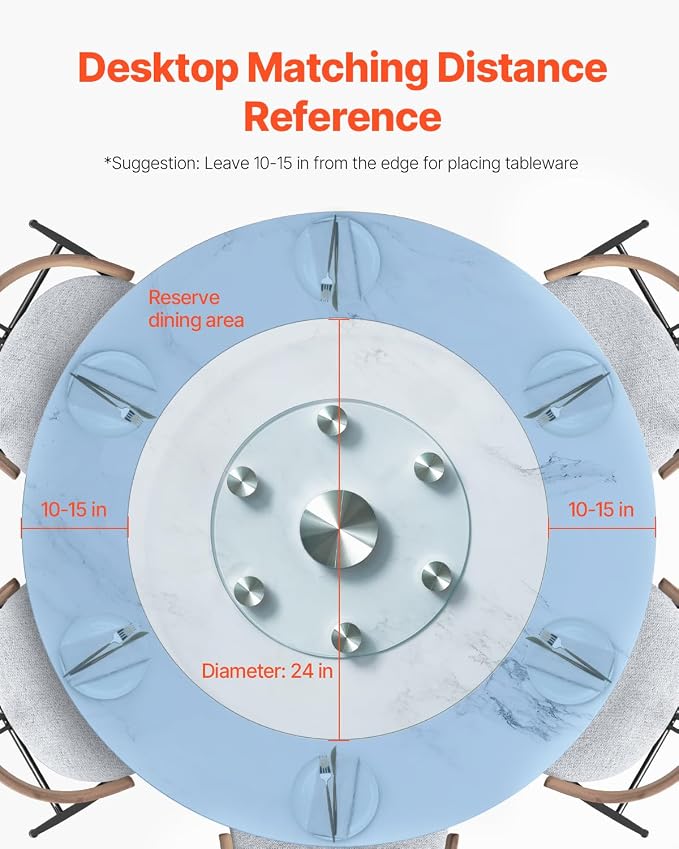 VEVOR 24 in Glass Lazy Susan Turntable, Tempered Glass Dining Table Centerpiece with 6 Rotating Wheels, 360° Smooth and Silent Spin Tabletop Rotating Tray, for Family Gatherings, Banquets & Weddings