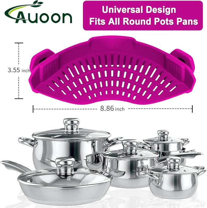 AUOON Clip On Strainer Silicone for Pots, Standard 8.86 x 3.55in, Purple | Food-grade BPA-free, Fits Pots Pans Bowls, Dishwasher Safe, for Pasta Noodles Vegetable Fruits, Space-saving Kitchen Gadget