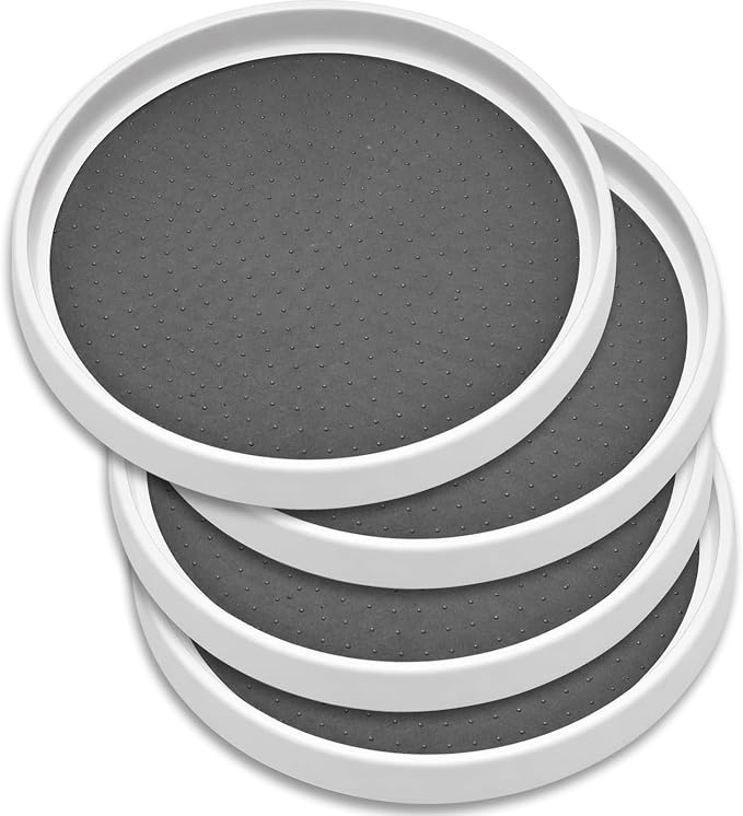 Oizeir Lazy Susan Organizer Set of 4, 10 Inch Non-Skid Turntable for Cabinet, Pantry, Kitchen, Countertop, Fridge, Bathroom – Durable Plastic Rotating Storage Tray, White