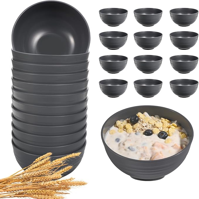 HEYCOME 12 Pcs Unbreakable Cereal Bowls Set, 26 Oz Wheat Straw Bowls Set, Microwave & Dishwasher Safe Bowls for Kitchen, Reusable Plastic Bowls for Soup, Salad and Snack, BPA Free, Dark Gray