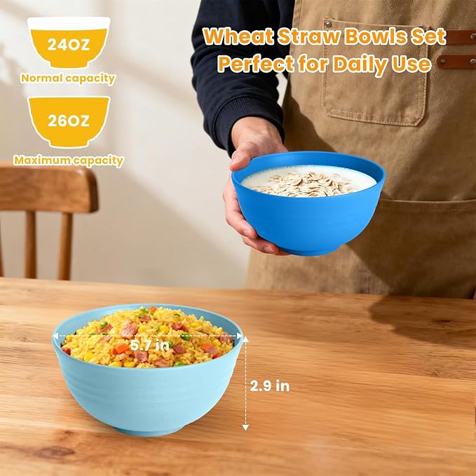 Wheat Straw Bowls, 8 PCS Microwave Safe Bowl Unbreakable for Salad, Soup, Cereal, Oatmeal, Reusable Plastic Bowls for Kithen, Family, Camping, Party, Dishwasher Safe, 26 OZ (Gradient Blue)