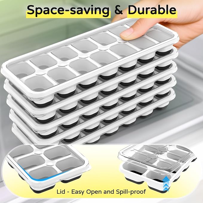 Ice Cube Tray 5 Pack, Stackable Silicone Ice Cube Trays with Lid, Easy Release Reusable Ice Tray, BPA-Free Rectangular Ice Cube Mold Set for Cocktails, Coffee, Whiskey & Drinks, Black