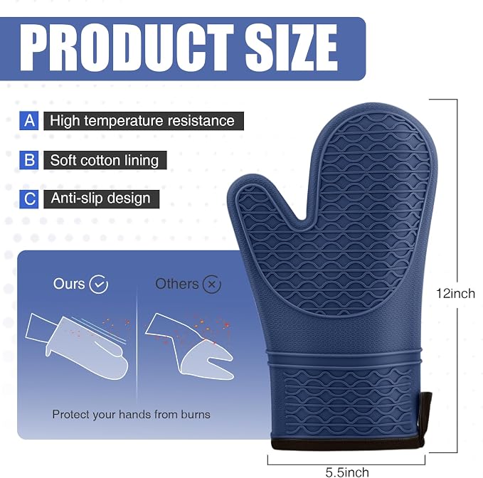 Silicone Oven Mitts, Heat Resistant 2PCS Oven Mitts with Soft Cotton Lining, Waterproof Non-Slip Grip Oven Glove, Kitchen Potholder Mits for BBQ, Baking, Cooking, 12.5 Inch - Dark Blue