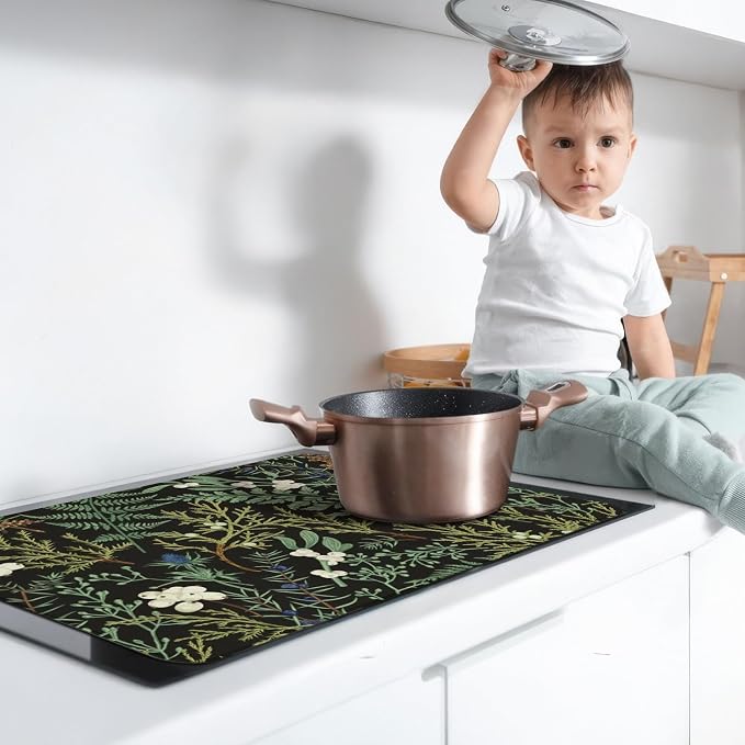 Boho Stove Top Cover for Electric Stoves,Botanical Fern Plant Floral Black Farmhouse Stove Top Cover for Kitchen Decor,Heat Resistant Cooktop Protector Mat,Non-Slip Washable Dish Drying Mat 28"x20"