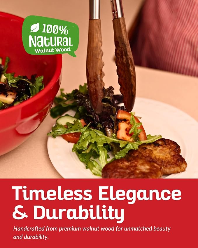 Wooden Tongs for Cooking - Nonstick Kitchen Salad Tongs for Serving Food, Grilling, Cooking, BBQ and Tossing Salad - Made of Natural Walnut Wood, Size 12-inch