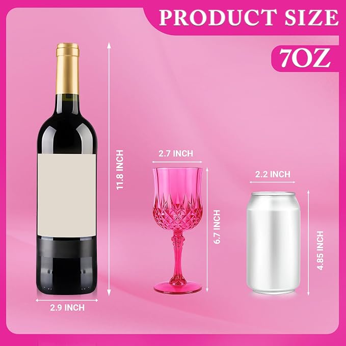 48Pack Plastic Wine Glasses, 7oz Vintage Goblets for Wedding | Unbreakable Crystal Style Reusable Stemware, Elegant Hot Pink Drinking Glass for Party Anniversary & Holiday Celebration