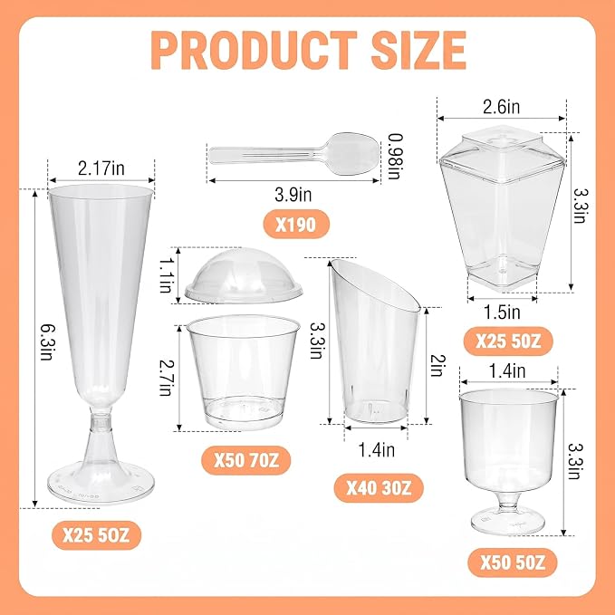 455 Pcs Clear Mini Dessert Cups Set for Party | With Spoons and Lids , Slanted Cups, Champagne Glass , Trapezoid Mini , and Parfait Cups, For Pudding Mousse Fruit Appetizers