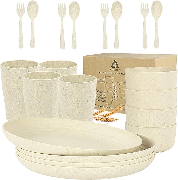 Wheat Straw Dinnerware Sets, 20pcs Lightweight Unbreakable Dinnerware, Microwave Dishwasher Safe Bowls Cups Forks Spoons set,Perfect for Camping Outdoor, Beige
