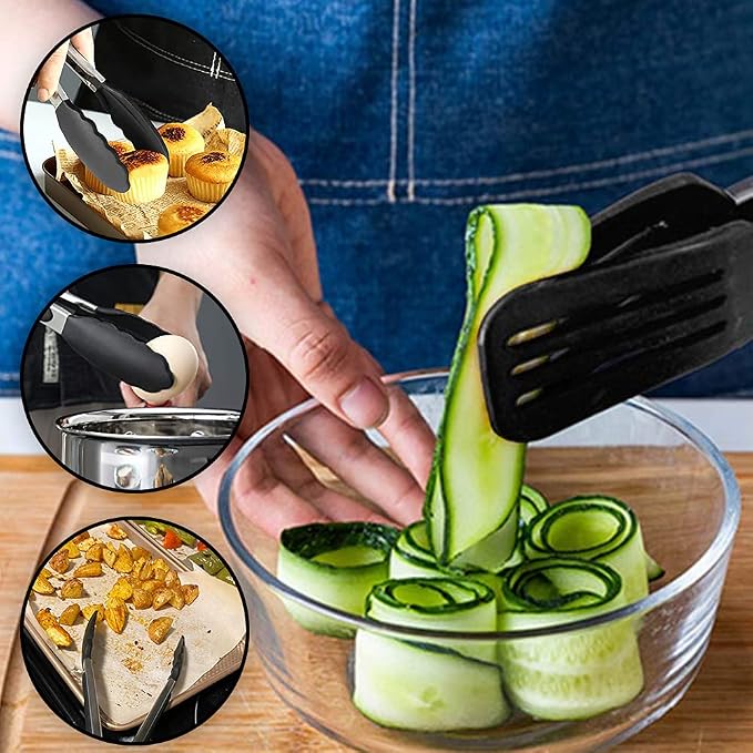 7 inch Mini Silicone Serving Tongs with Silicone Tips Set of 3 | Stainless Steel Handle, Non-Scratch, Heat Resistant, for Salads, Pasta, Steaks, Vegetables