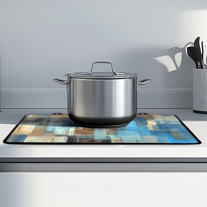 Modern Abstract Art Stove Top Covers for Electric Stove Blue Brown Gradient Painting Geometric Glass Top Gas Stove Pad Heat Resistant Range Cooktop Mat for Kitchen 28"x20"