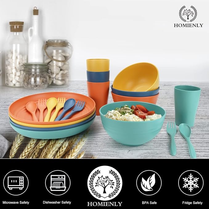 Wheat Straw Plates and Bowls Sets Unbreakable Dinnerware Set 20 PCS Dish Set for Camping, Party, Picnic Microwave and Dishwasher Safe Kitchen Dinner Set Apartment Essentials (Multicolor)