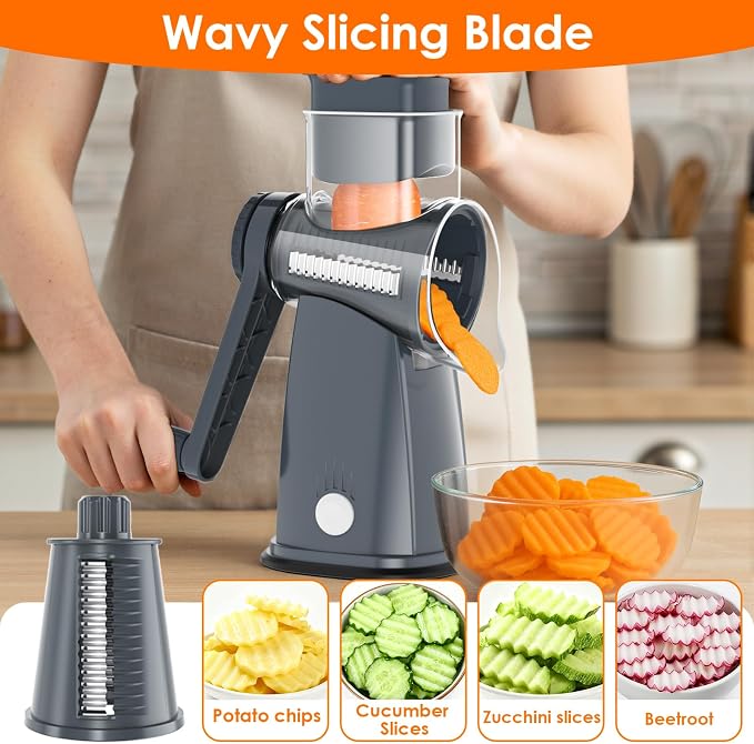 MealHelper 5 Blade Rotary Cheese Grater Hand Crank with Storage Box, Vegetable Chopper, Cheese Shredder for Cheeses, Veggies, Nuts - Easy to Use, Non-slip Suction Base, Gray