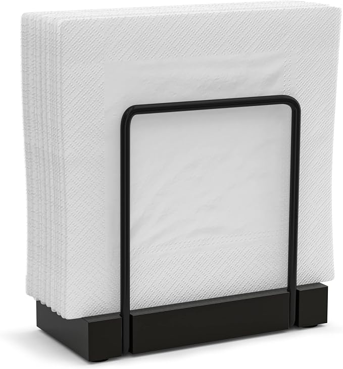 Wican Napkin Holder for Table, Bamboo Iron Standing Napkin Dispenser | Kitchen Dining Farmhouse Cocktail Picnic Bar Rustic Wood Holders, Paper Mail Bills, Suitable All Dining Room Decors, Black