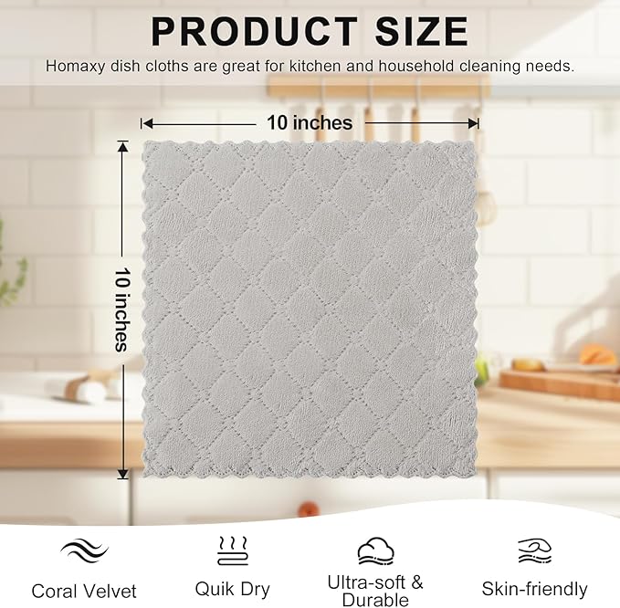 Homaxy 12 Pack Super Soft & Absorbent Dish Cloths, 10" x 10", Grey | Coral Velvet, Nonstick Oil Fast Drying Microfiber Cleaning Cloth, No Lint Household Dishcloths