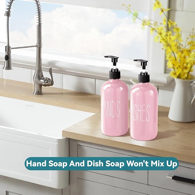 COHOSEGE Glass Soap Dispenser Set 2 Pack,16 Oz Dish Soap Dispenser for Kitchen Sink,Pink Kitchen Accessories and Kitchen Decor,Pink Decorations and Kitchen Utensils for Kitchen