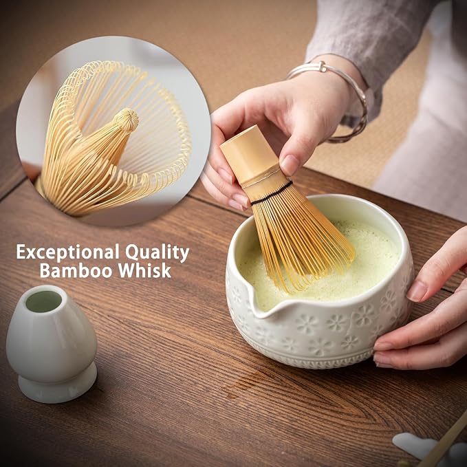 Buucup Matcha Whisk Set, Ceramic Matcha Kit with Bowl & Bamboo Whisk | 7-piece set with ceramic bowl, bamboo whisk, scoop, holder, sifter and tea towel. Ideal for beginners, daily matcha and gift