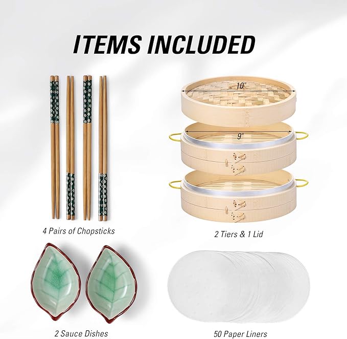 MacaRio 10 Inch Bamboo Steamer Basket Set Dumpling Steamer for Cooking | 2-tier with lid side handles chopsticks ceramic sauce dishes 50 paper liners for dumplings buns vegetables
